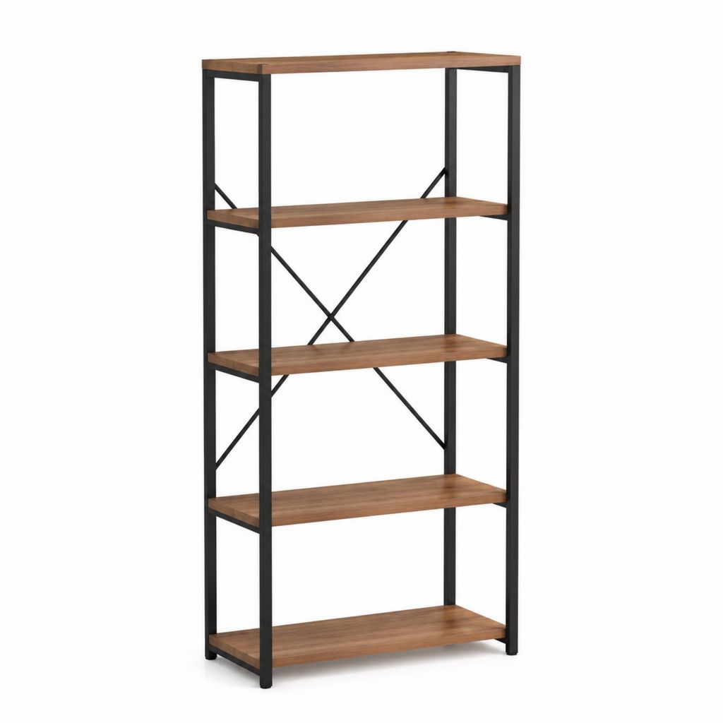 Scaffale libreria da terra 5 ripiani marrone noce e nero in pannello MDF e acciaio 60 x 30 x 160 cm