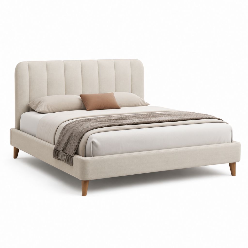 Letto matrimoniale imbottito beige in poliestere rettangolare con testiera a pannelli 160 x 200 cm