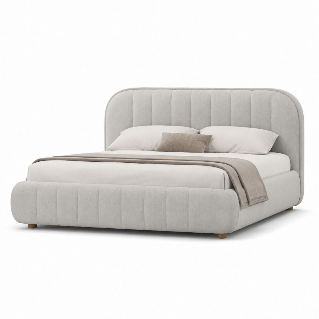 Letto matrimoniale imbottito beige in poliestere con testiera arrotondata 180 x 218 x 110 cm per materasso 160 x 200 cm