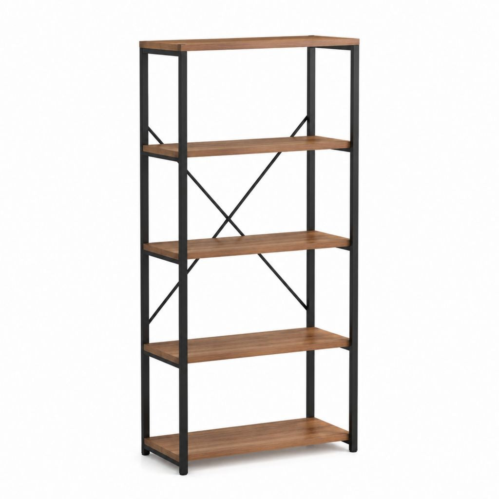 Scaffale libreria da terra 5 ripiani marrone noce e nero in pannello MDF e acciaio 60 x 30 x 160 cm
