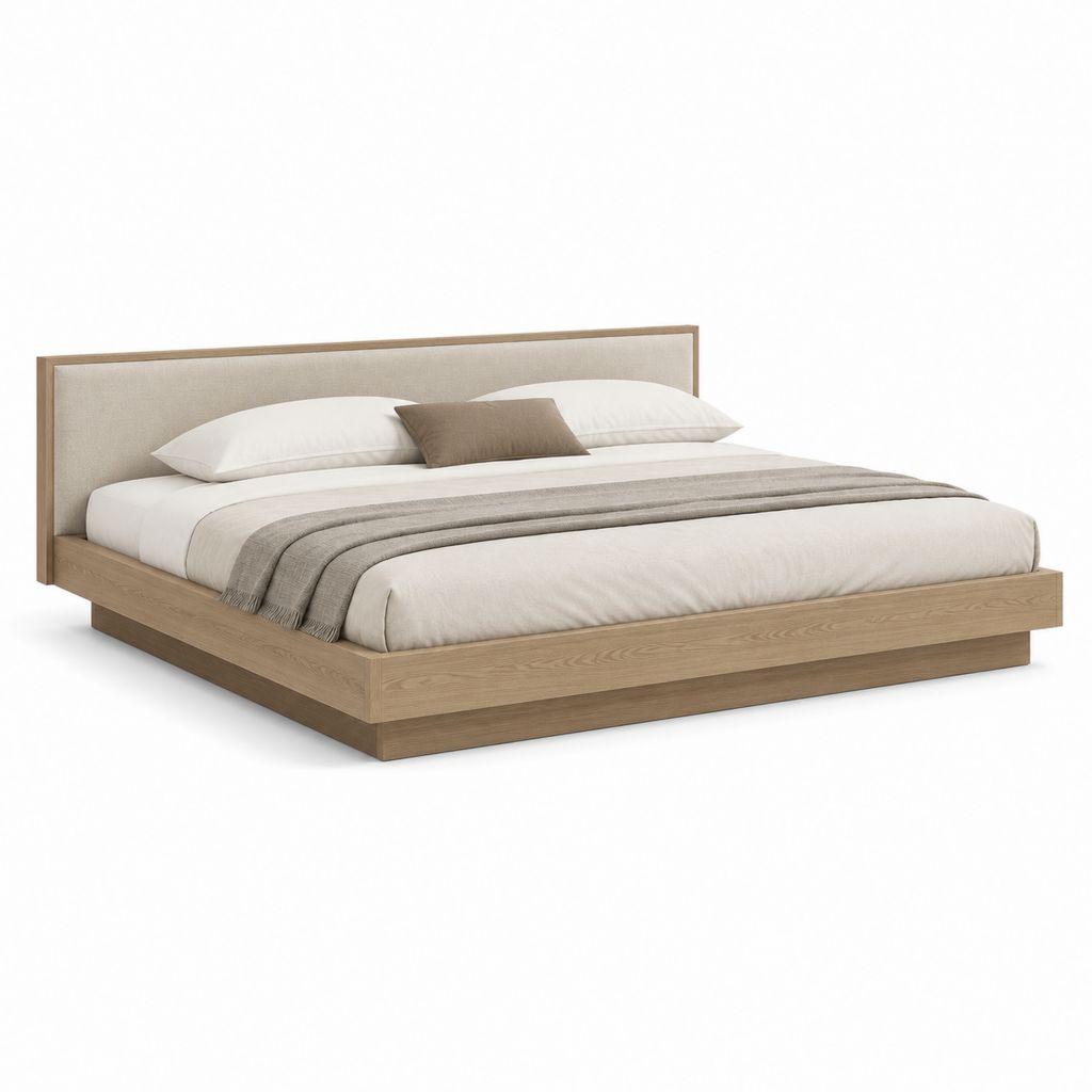 Letto matrimoniale con testiera imbottita beige in MDF impiallacciato rovere 180 x 215 x 100 cm
