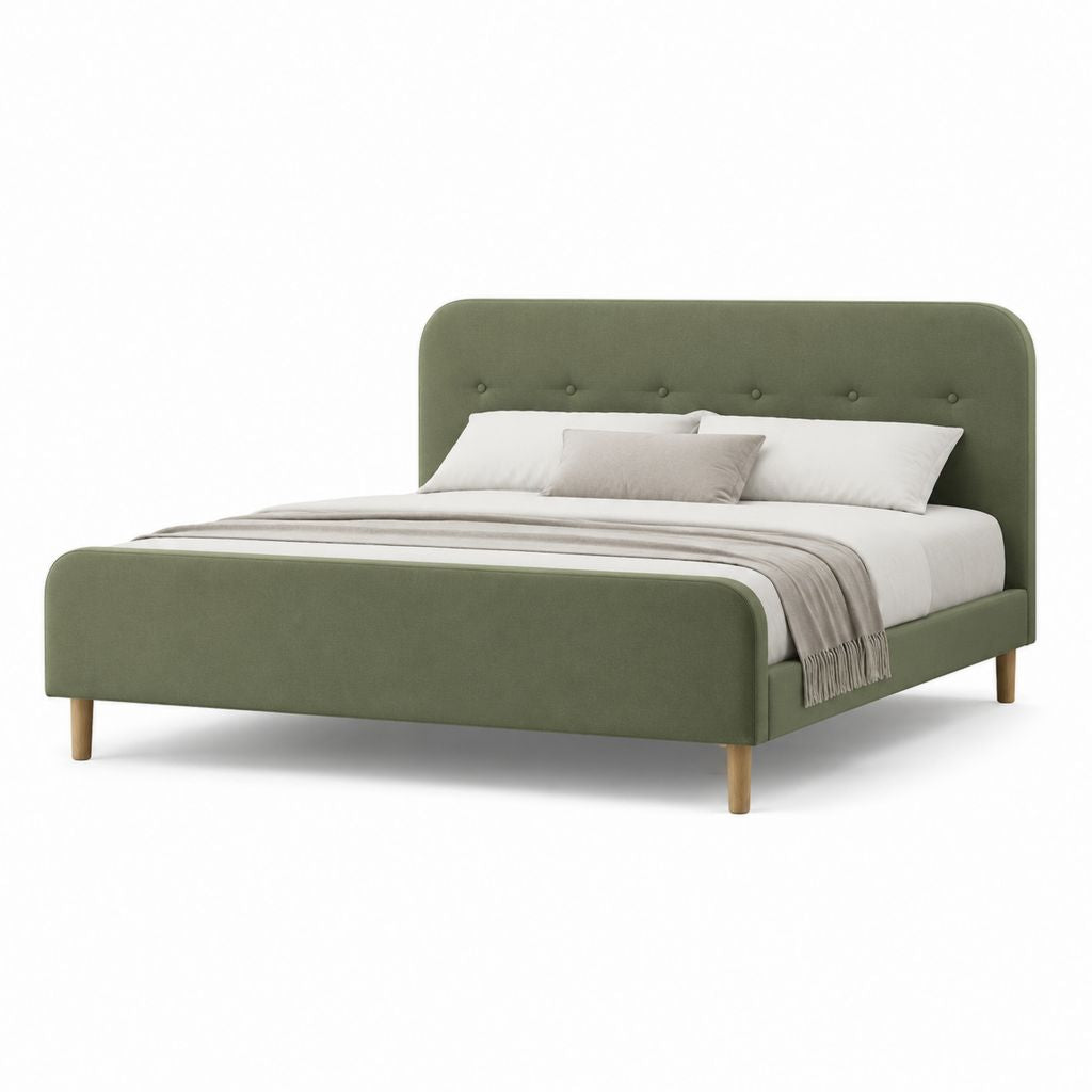Letto matrimoniale imbottito verde oliva in poliestere con testiera arrotondata 160x200 cm