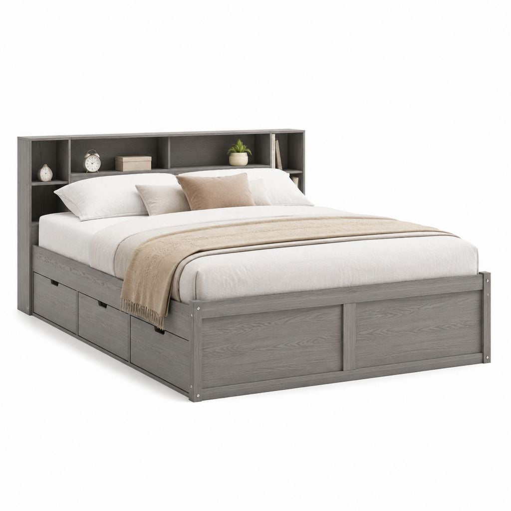 Letto matrimoniale grigio in pannello truciolare 160 x 200 cm con 3 cassetti e testiera con ripiani