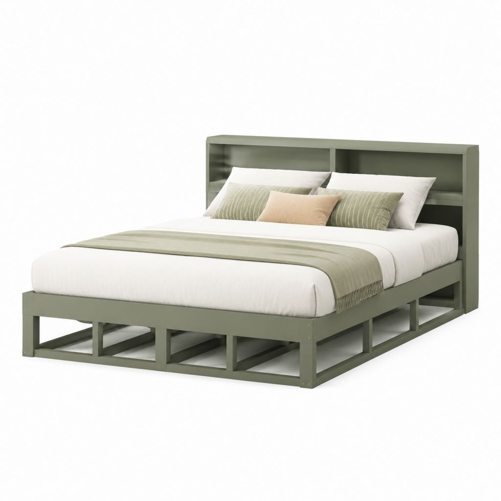 Letto matrimoniale con testiera a ripiani verde salvia in pino massello rettangolare per materasso 160 x 200 cm