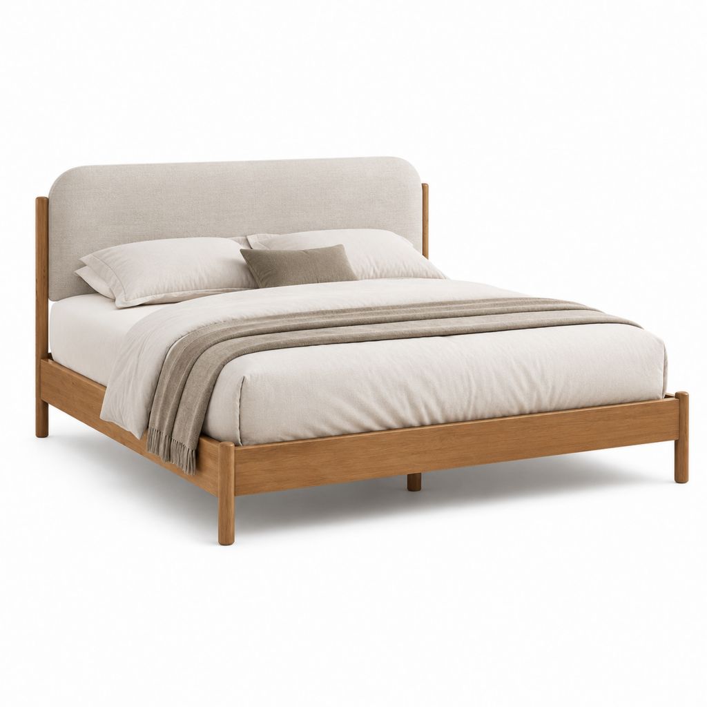 Letto matrimoniale 160 x 200 cm beige e rovere con testiera imbottita rettangolare