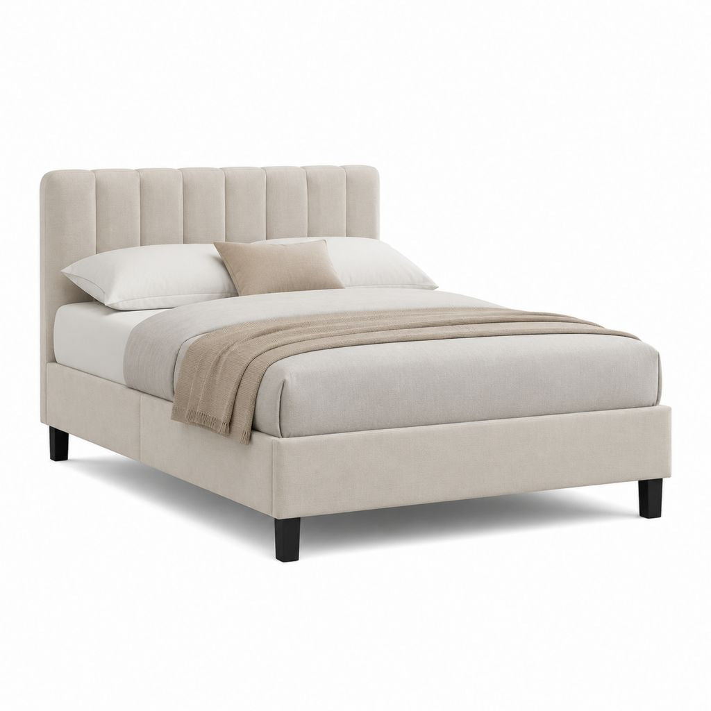 Letto matrimoniale imbottito beige in poliestere con testiera arrotondata 160 x 200 cm