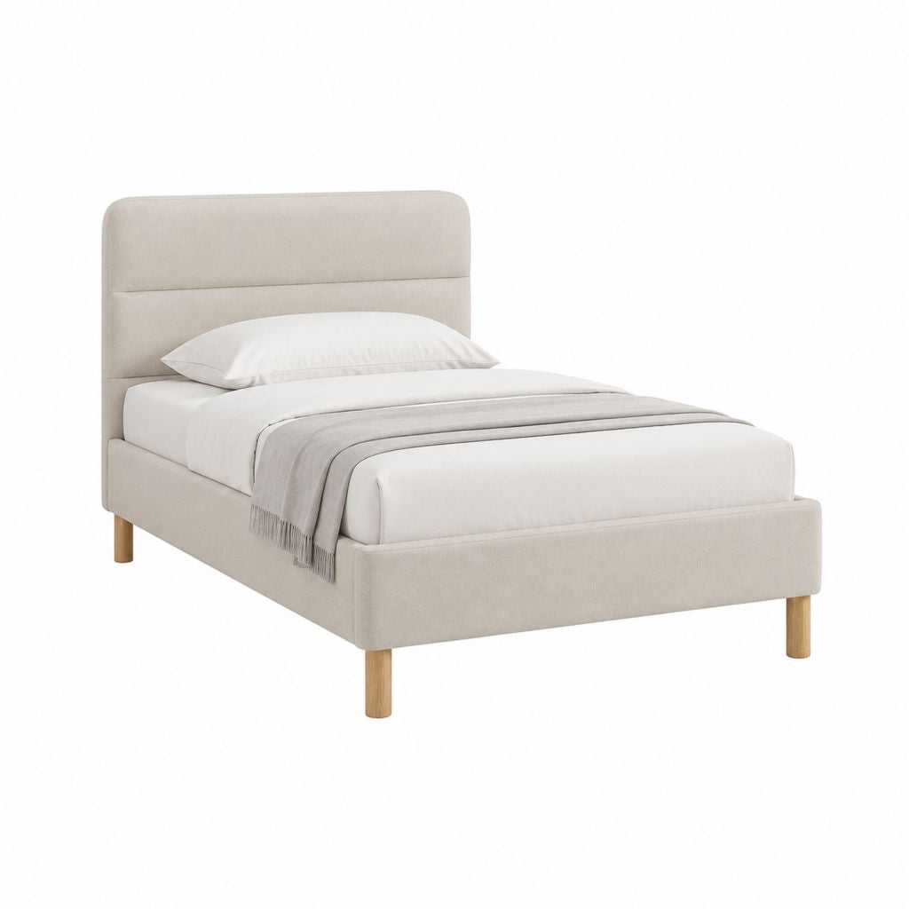 Letto singolo imbottito beige in poliestere con testiera rettangolare 90 x 200 cm