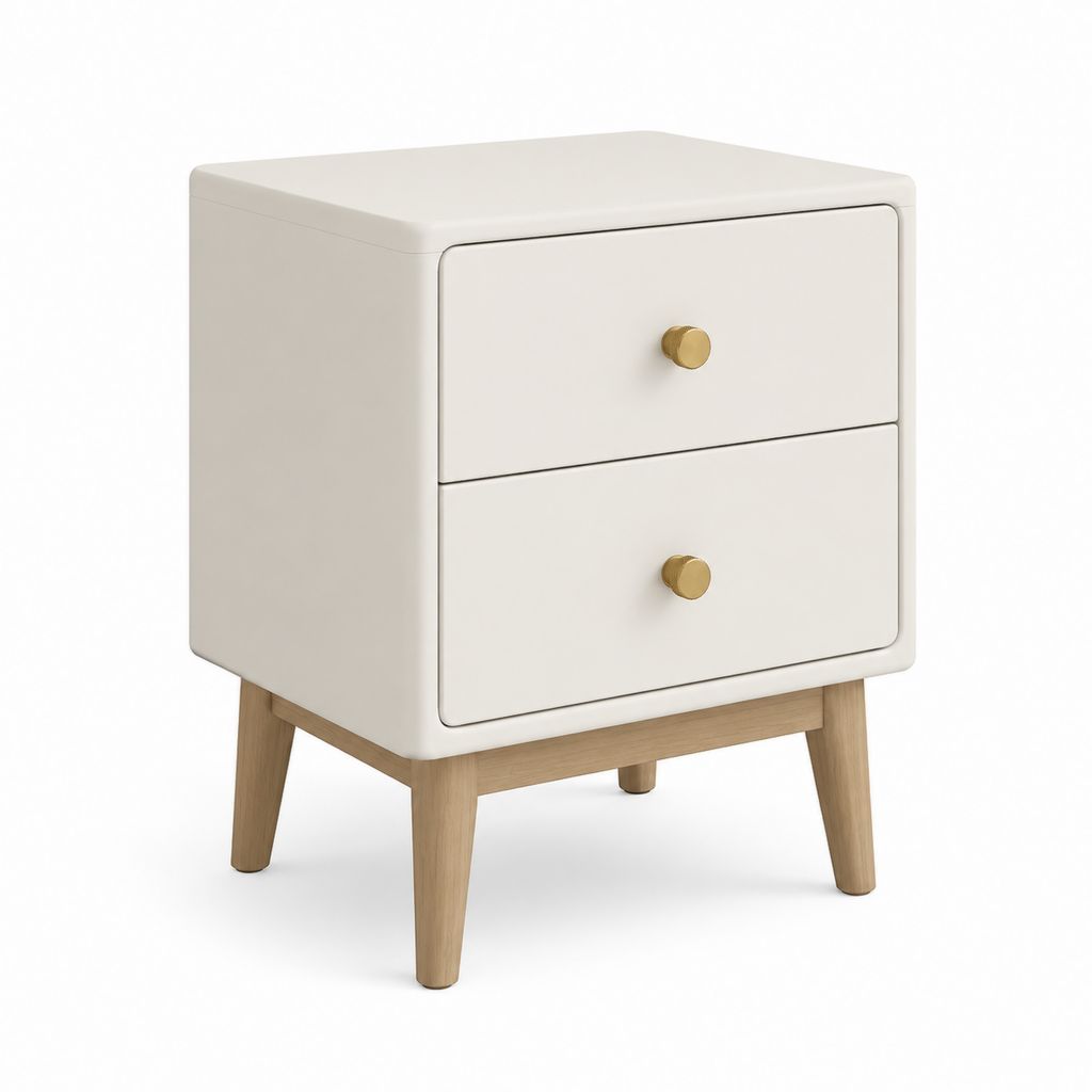 Comodino rettangolare 2 cassetti bianco in MDF verniciato con gambe in legno massello 45 x 35 x 60 cm