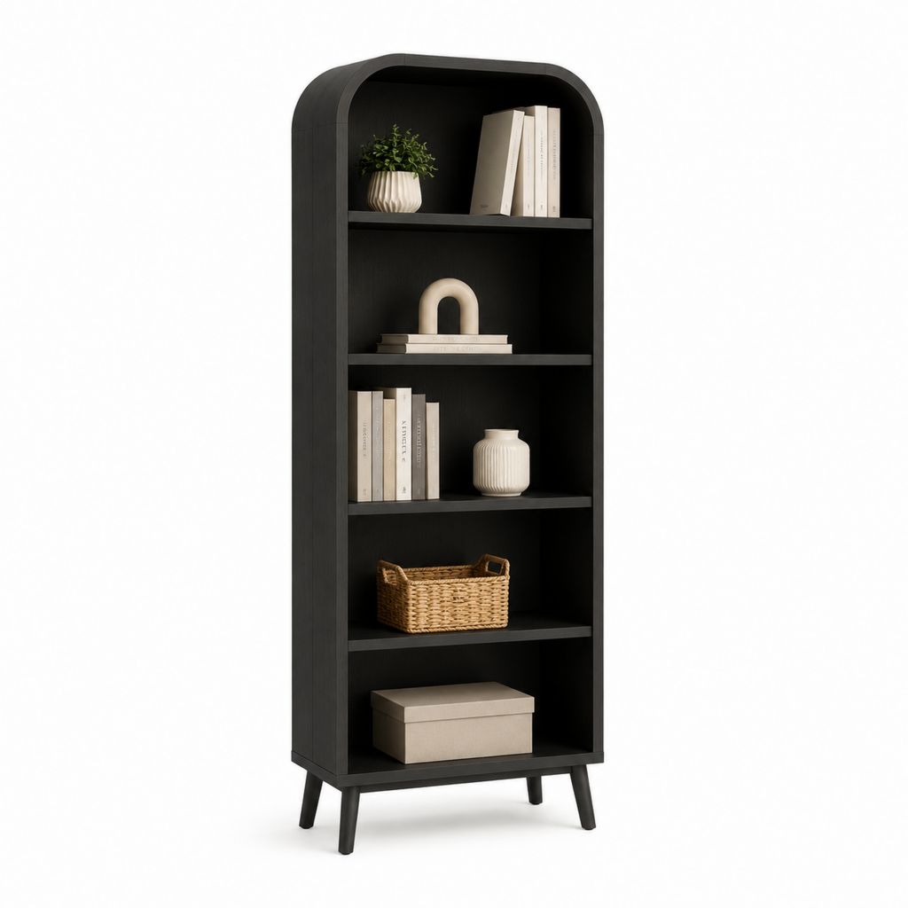 Libreria alta a 5 ripiani nera in MDF con bordo ad arco 80 x 35 x 190 cm