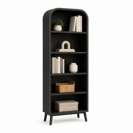 Libreria alta a 5 ripiani nera in MDF con bordo ad arco 80 x 35 x 190 cm