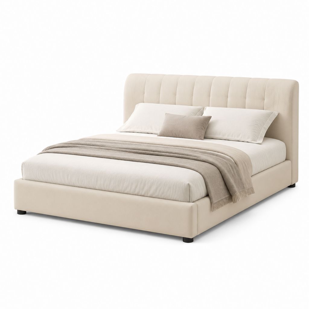 Letto matrimoniale imbottito beige in poliestere con testiera arrotondata 160 x 200 cm