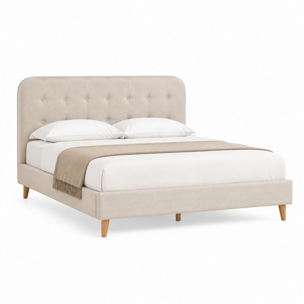 Letto matrimoniale imbottito beige in poliestere con testiera capitonné rettangolare 160 x 200 cm