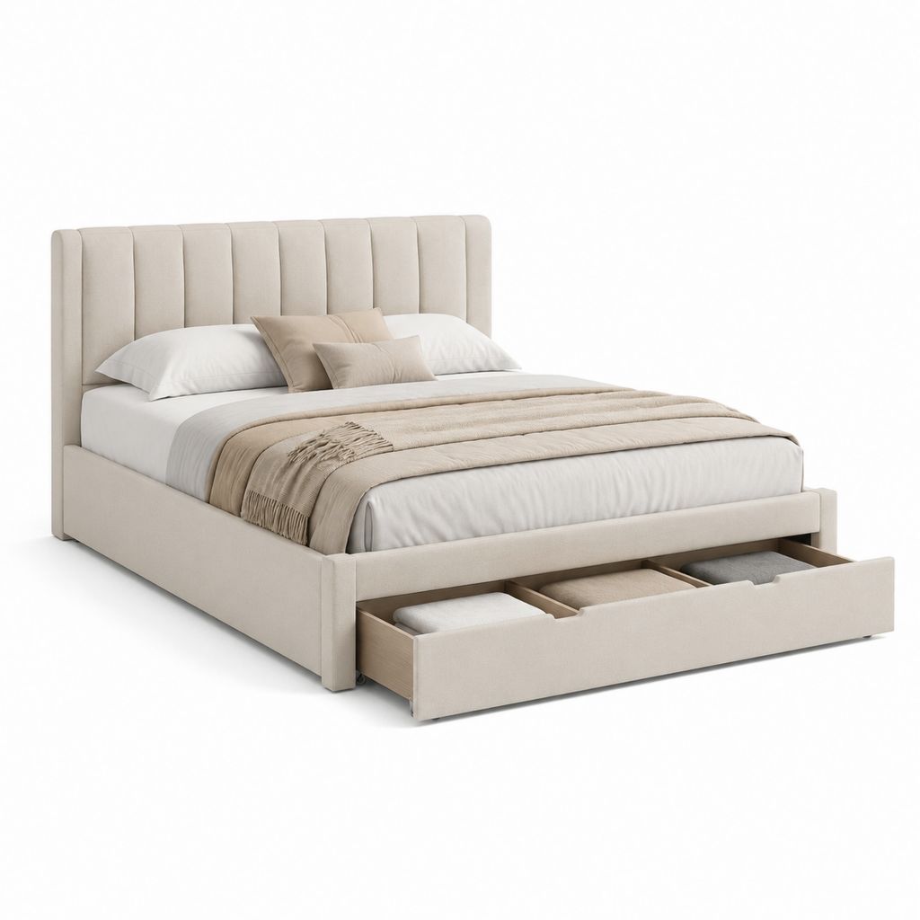 Letto matrimoniale con cassetto frontale beige in poliestere rettangolare 160 x 200 cm