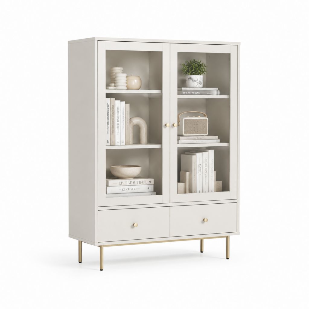 Vetrina libreria da soggiorno beige in pannello truciolare e vetro 80 x 40 x 160 cm