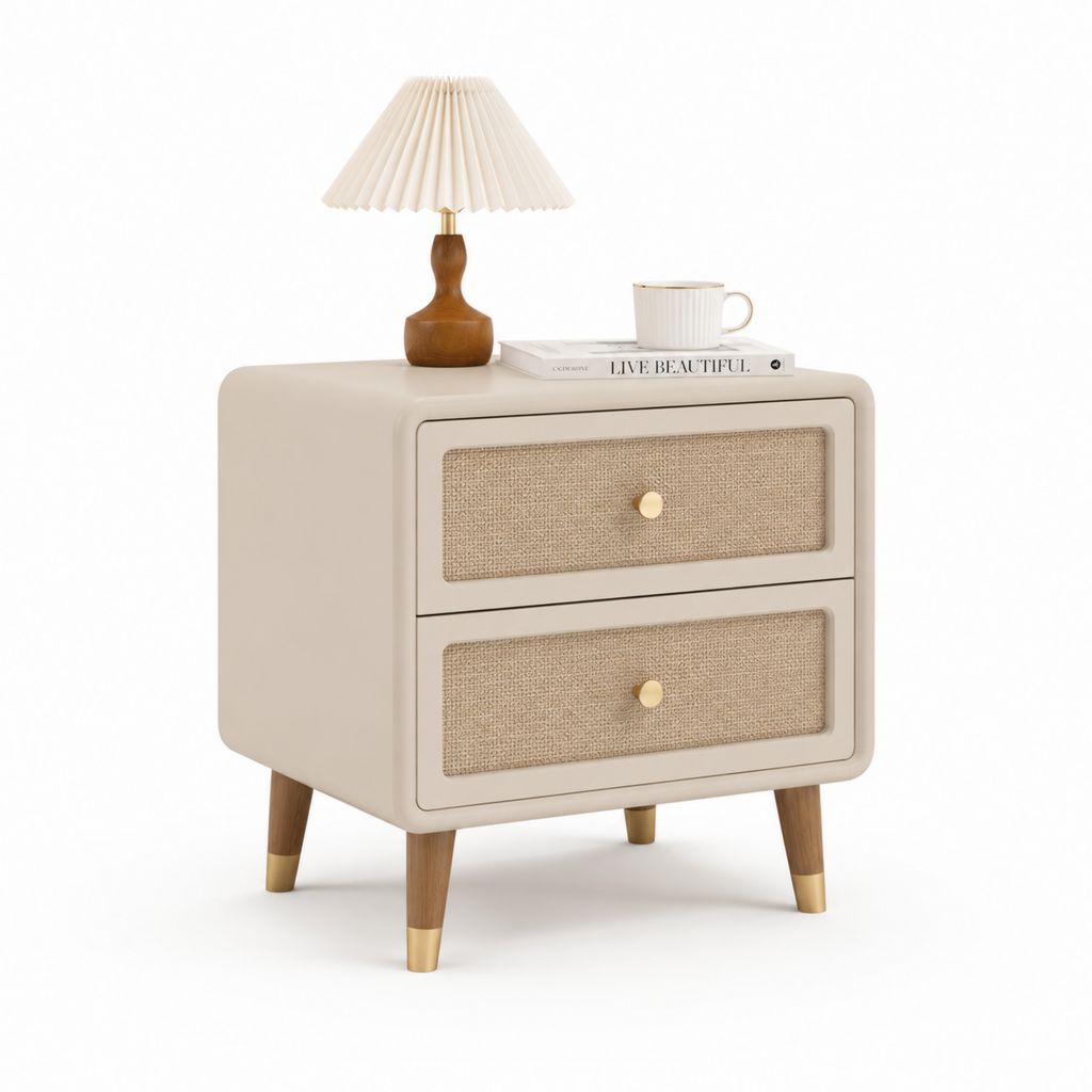 Comodino 2 cassetti beige in MDF e legno di gomma 50 x 40 x 55 cm