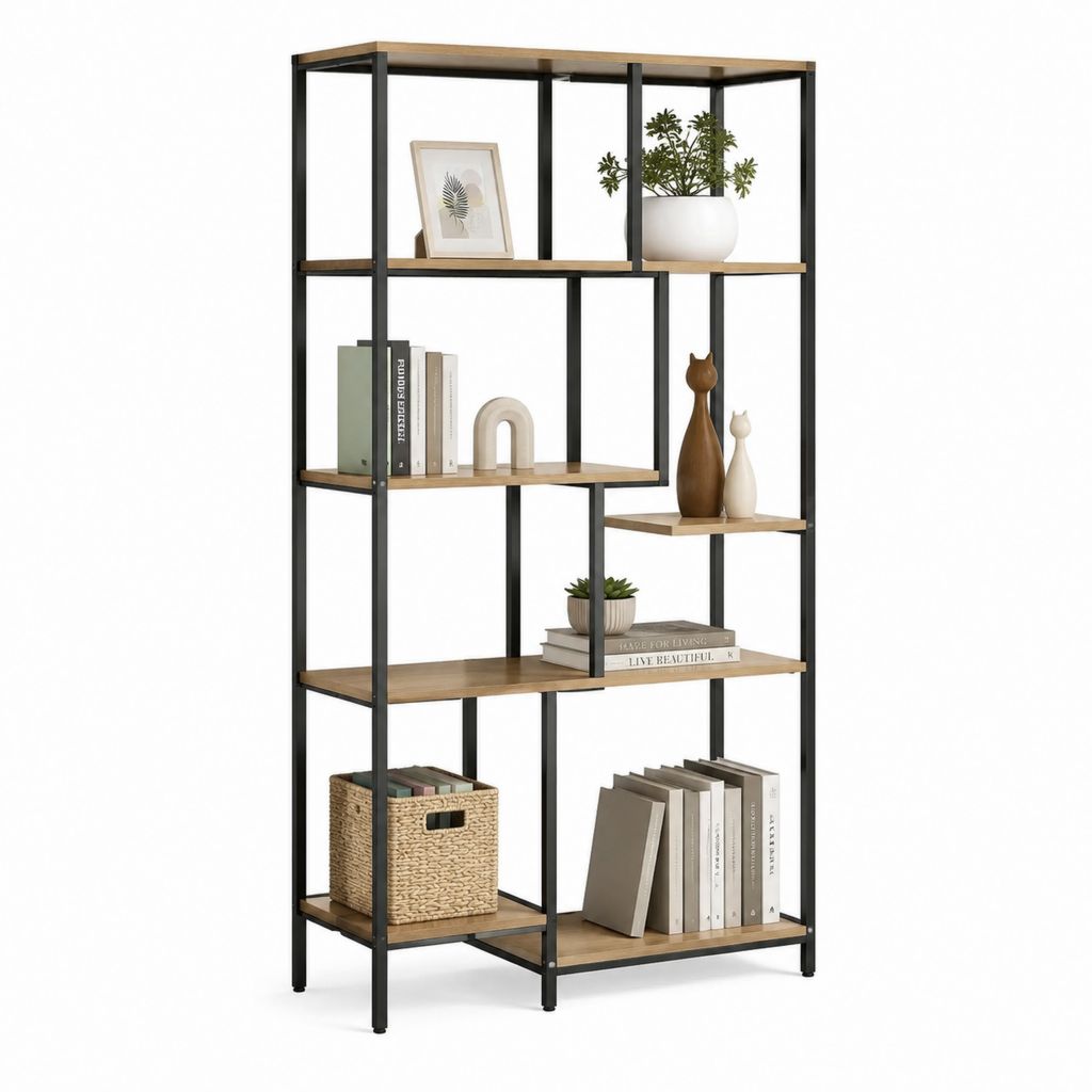 Libreria a 6 ripiani marrone rustico e nero in pannelli truciolari e acciaio 80 x 30 x 180 cm