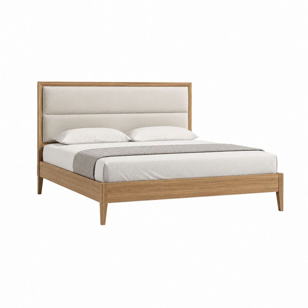 Letto matrimoniale rettangolare con testiera imbottita beige struttura in legno massello 160 x 200 cm
