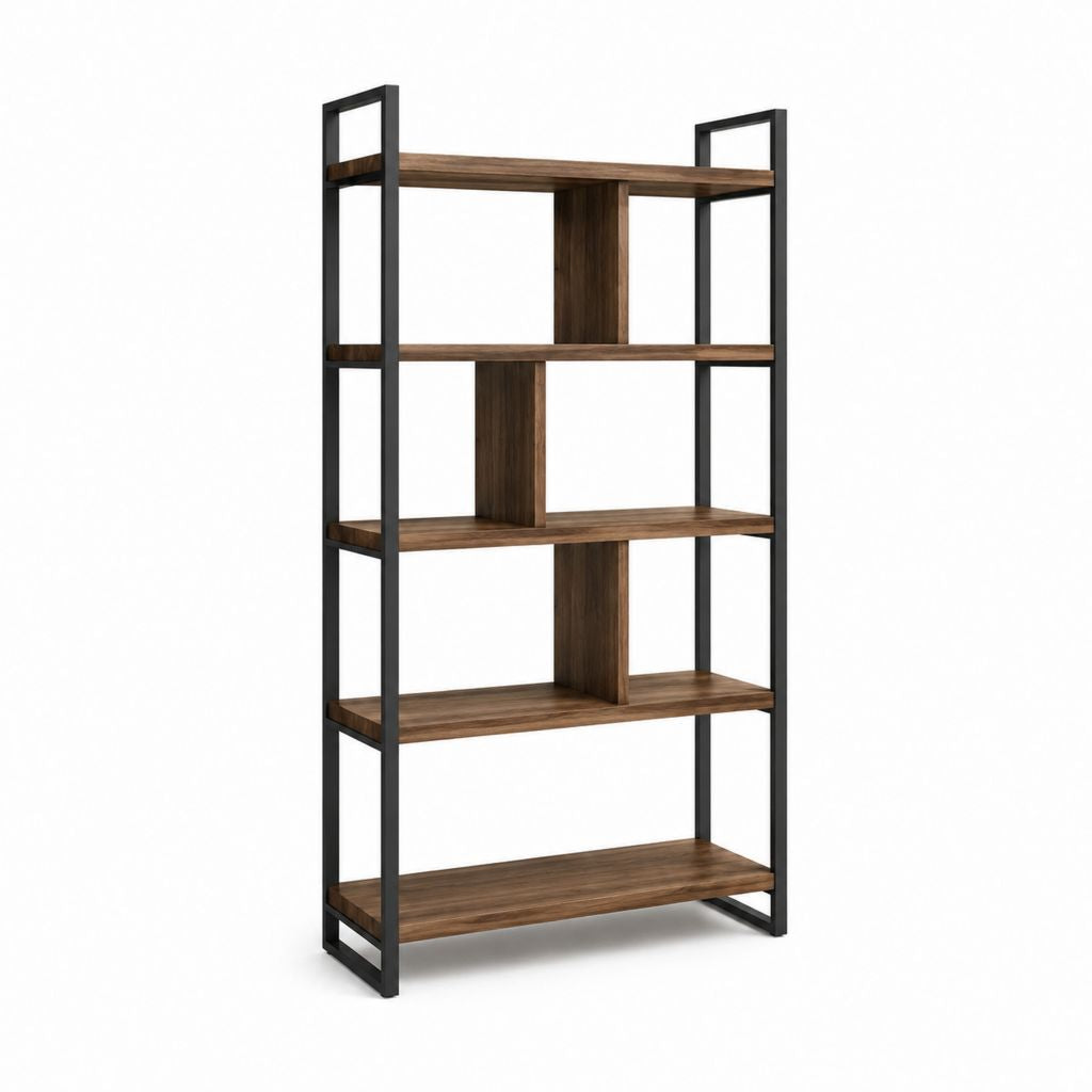 Libreria a pavimento 5 ripiani marrone e nero in pannello truciolare e acciaio rettangolare 80 x 30 x 180 cm