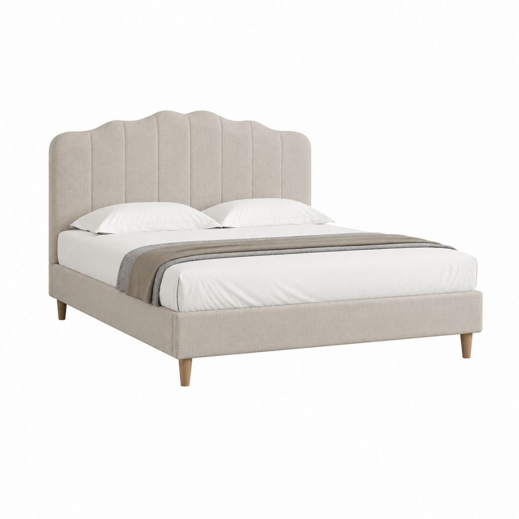 Letto matrimoniale imbottito beige in poliestere con testiera sagomata 160 x 200 cm