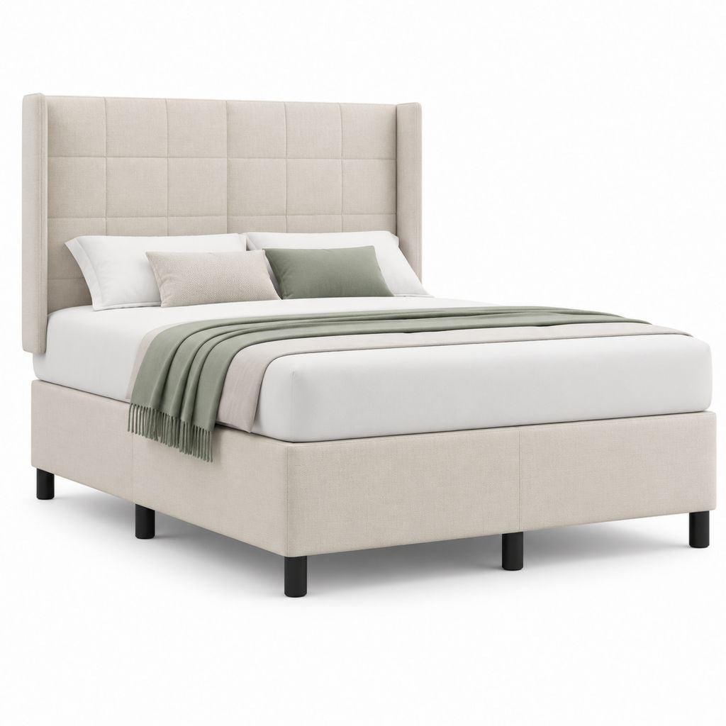 Letto matrimoniale imbottito beige in poliestere con testiera alta 175 x 215 x 125 cm