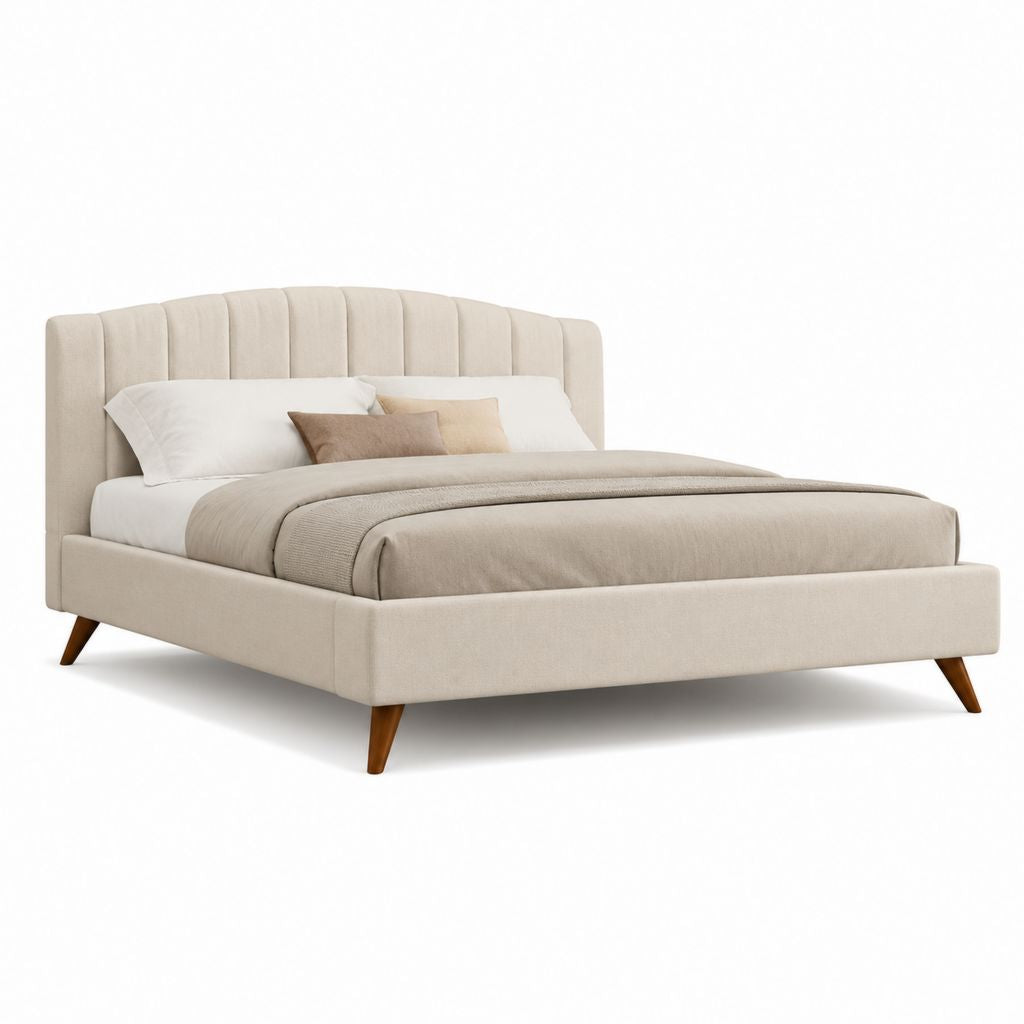 Letto matrimoniale imbottito beige in poliestere con testiera curva 180 x 200 cm