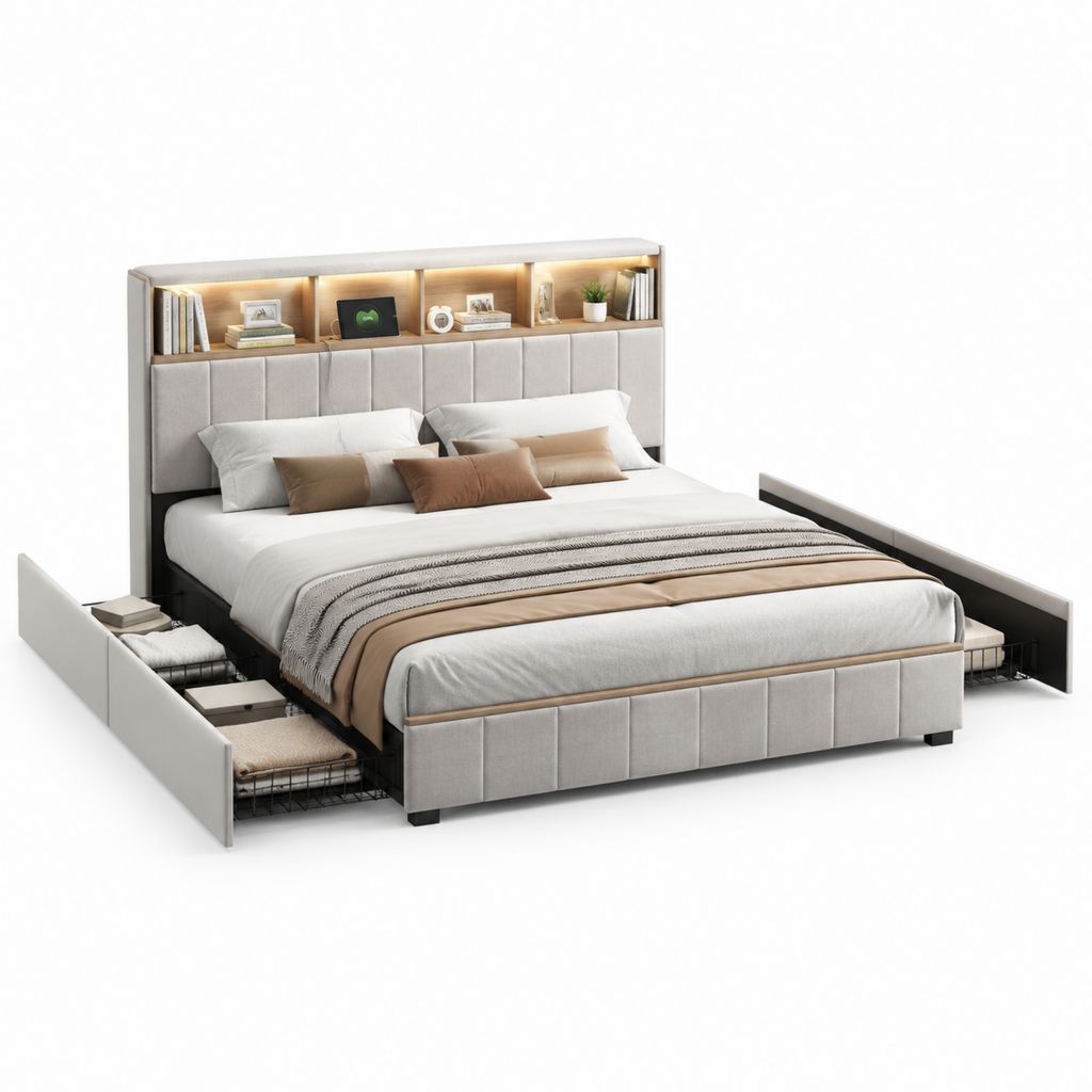 Letto matrimoniale rettangolare con cassetti laterali e testiera illuminata grigio chiaro in poliestere 160 x 200 cm
